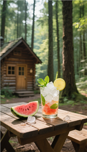 绿色森林小木桌西瓜冰镇冷饮图片